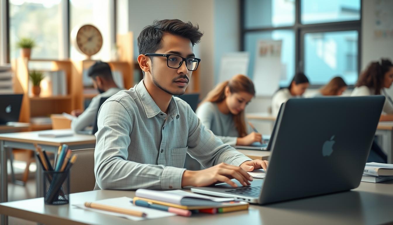 Students studying together in modern classroom